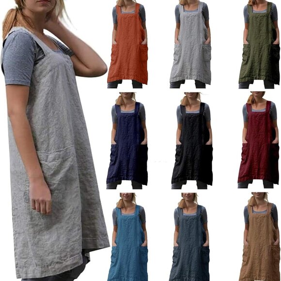 Japanese Pinafore Apron Smock Cotton Apron with Pockets Plus Size Aprons for Wom - Picture 6 of 6